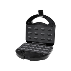 Electric black madeleine maker with non-stick baking plates, open and empty