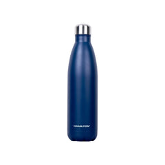 Blue stainless steel Hamilton water bottle with silver cap on white background
