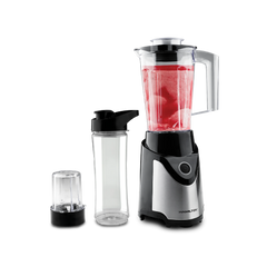 Stainless steel blender with smoothie, portable bottle, and grinder cup on black background
