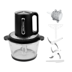 Electric food chopper with glass bowl and multiple blade attachments, black and silver