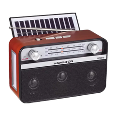 Portable Hamilton HT5510 radio with solar panel, dual dials, antenna, and speaker grill.