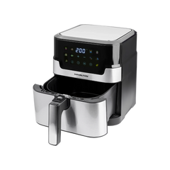 Stainless steel digital air fryer with open drawer and touchscreen display panel