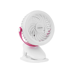 White portable clip-on mini fan with pink accents, desktop or travel electric fan
