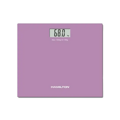 Purple digital bathroom scale with LCD display showing 68.0 kg weight reading