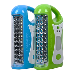 Portable rechargeable LED emergency lights in green and blue with ergonomic handles