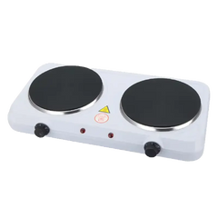 Double burner electric hot plate with two black heating elements and control knobs