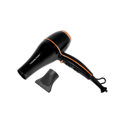 Black and orange electric hair dryer with nozzle attachment on a black background