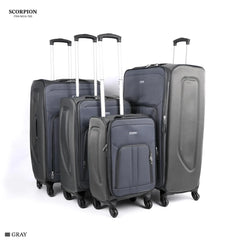 Set of four gray rolling suitcases with telescopic handles for travel and luggage needs