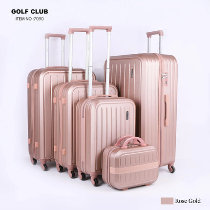 Set of five rose gold hard-shell suitcases with wheels and handles, luggage collection.