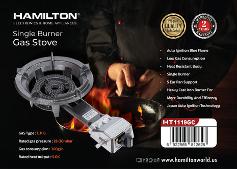 Hamilton Gas Stove Single Burner 5kW Cast Iron Japan Auto-Ignition LPG HT1119GC