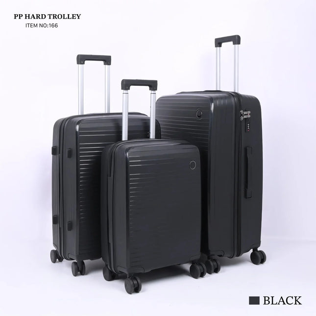 Set of three black hard shell trolley suitcases with wheels and telescopic handles