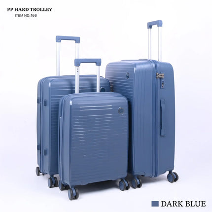 Set of three dark blue hard-shell trolley suitcases with spinner wheels and telescopic handles
