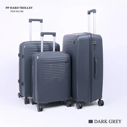 Set of three dark grey hard shell trolley suitcases with spinner wheels and telescopic handles.