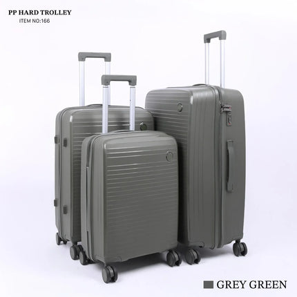 Set of three grey green hard shell trolley suitcases with spinner wheels and telescopic handles