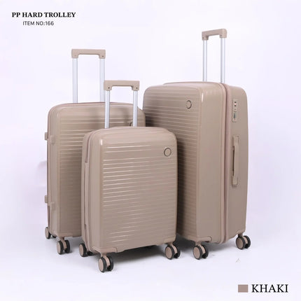Set of three khaki hard shell trolley suitcases with spinner wheels and telescopic handles