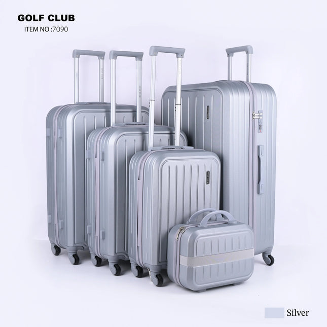Set of five silver hard shell suitcases with wheels and telescopic handles, upright on white background.