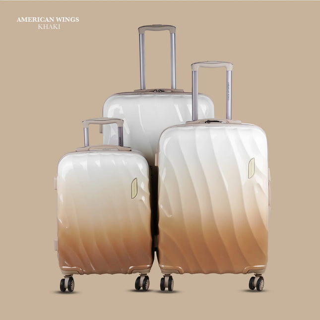 Set of three khaki hard shell suitcases with wheels and telescopic handles
