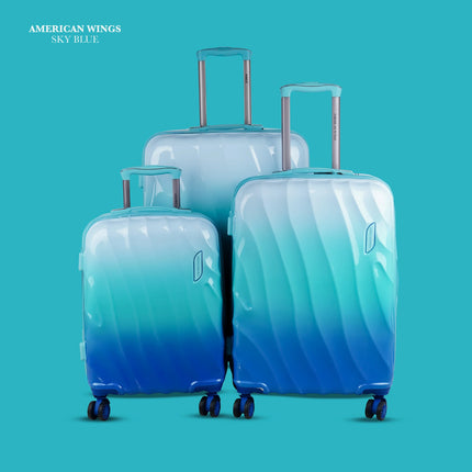 Three-piece sky blue hard shell luggage set with spinner wheels and telescopic handles