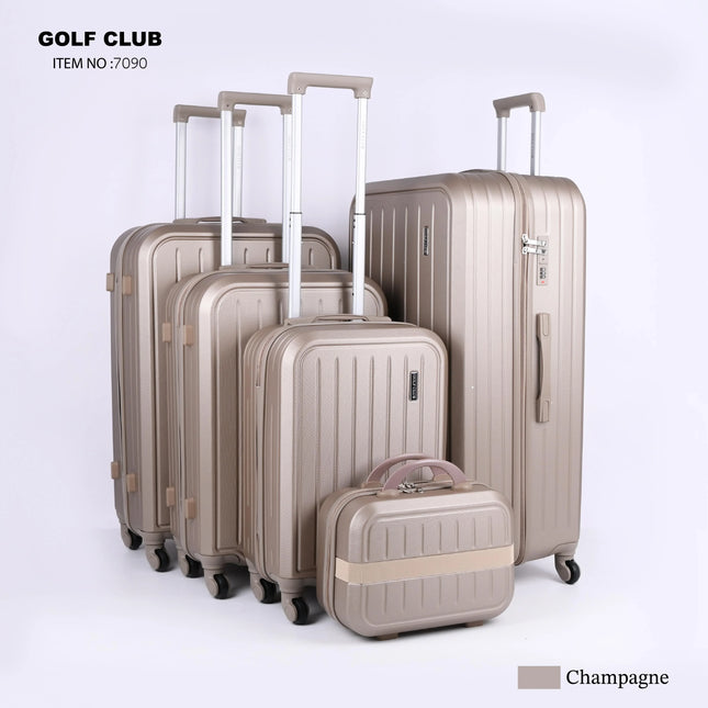 Set of five champagne-colored hard shell suitcases with wheels and telescopic handles