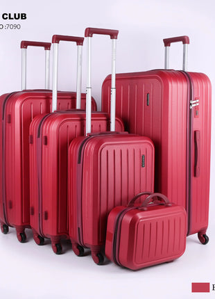 Set of five burgundy hard shell luggage suitcases with wheels and telescopic handles