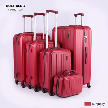 Set of five burgundy hard shell luggage suitcases with wheels and telescopic handles