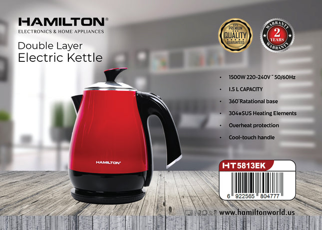 Hamilton Double Layer Electric Kettle 1.5L 1500W 304 SS HT5813EK | Al Shabib Qatar