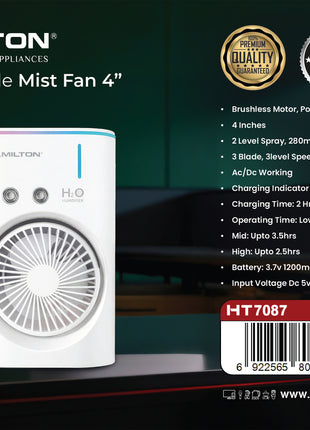 Hamilton rechargeable mist fan 4" with product details on a dark background