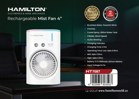 Hamilton rechargeable mist fan 4" with product details on a dark background
