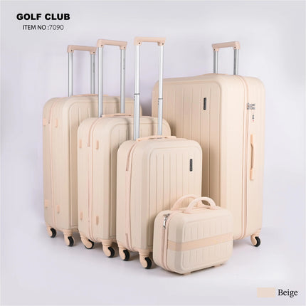 Beige hard shell luggage set with rolling suitcases and a travel bag, displayed on white background