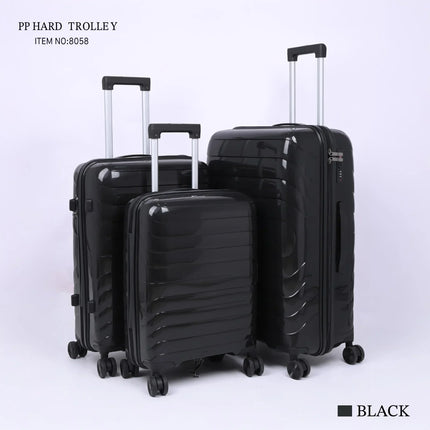 Set of three black hard shell trolley suitcases with spinner wheels and telescopic handles