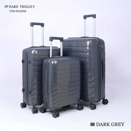 Set of three dark grey hard shell suitcases with spinner wheels and telescopic handles