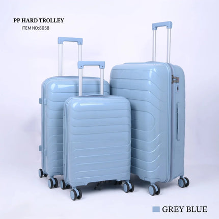 Set of three grey blue hard shell trolley suitcases with wheels and telescopic handles