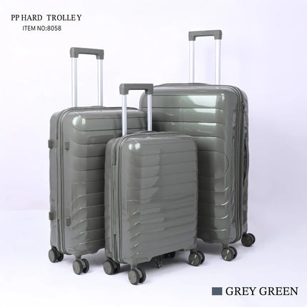 Set of three grey-green hard shell trolley suitcases with spinner wheels and extendable handles
