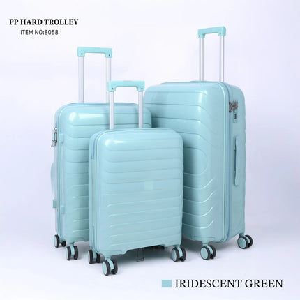 Set of three iridescent green hard shell polypropylene trolley suitcases with wheels