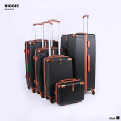 Set of five black hard shell suitcases with brown handles and wheels, upright on white background.