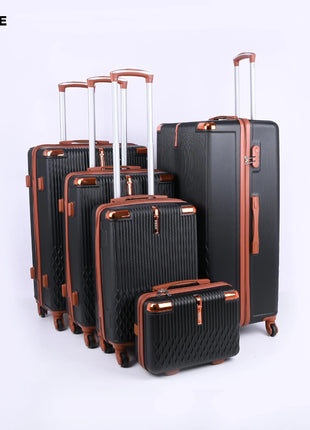 Set of five black hard shell suitcases with brown handles and wheels, upright on white background.