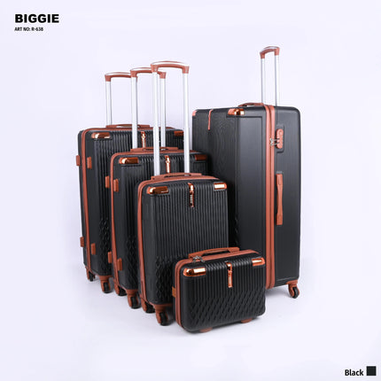 Set of five black hard shell suitcases with brown handles and wheels, upright on white background.