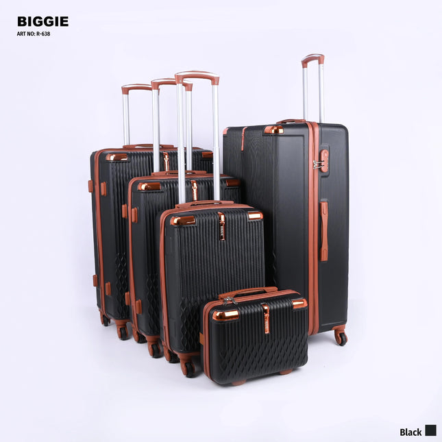 Set of five black hard shell suitcases with brown handles and wheels, upright on white background.