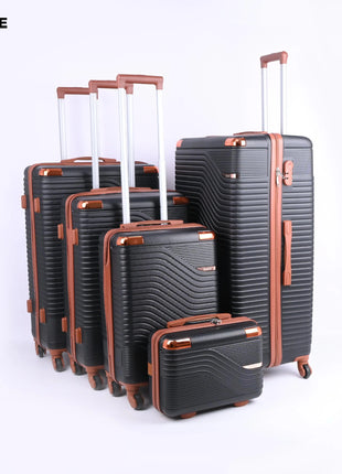 Set of five black hard shell suitcases with brown trim and telescopic handles on white background