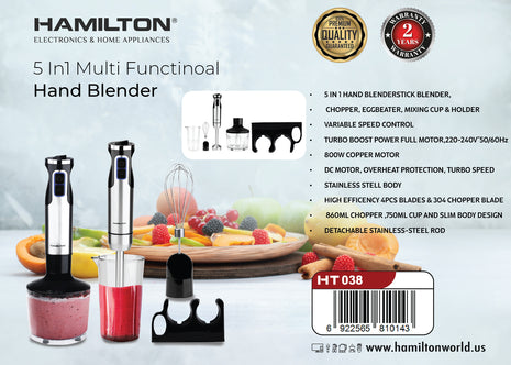 Hamilton 5-in-1 Turbo Hand Blender with Chopper HT038