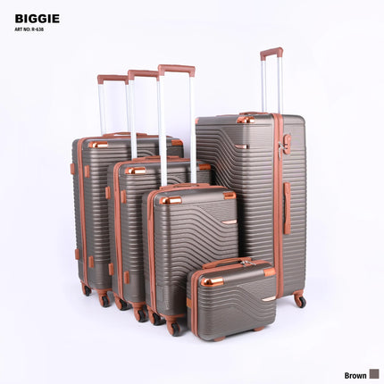 Set of five brown hard-shell suitcases with wheels and telescopic handles, various sizes