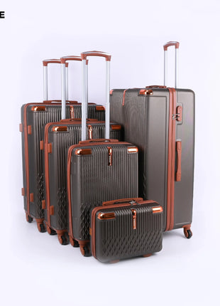 Set of five brown hard-shell suitcases with telescopic handles and wheels