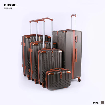 Set of five brown hard-shell suitcases with telescopic handles and wheels