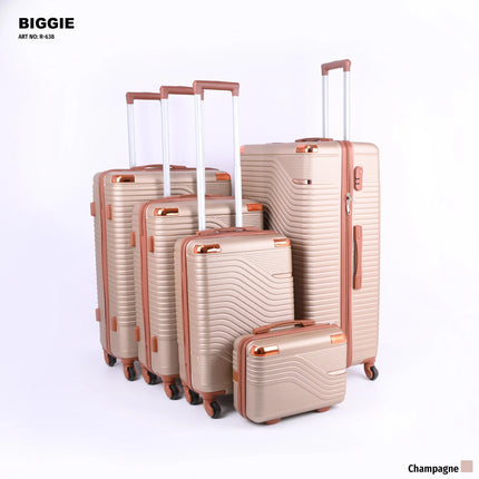 Set of five champagne hard-shell suitcases with telescopic handles and spinner wheels