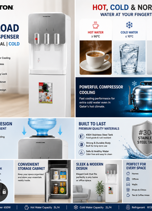 Hamilton water dispenser advertisement with features and benefits highlighted