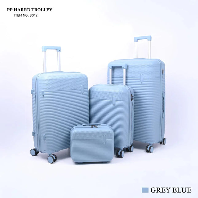 Set of four grey blue hard shell suitcases with wheels and telescopic handles