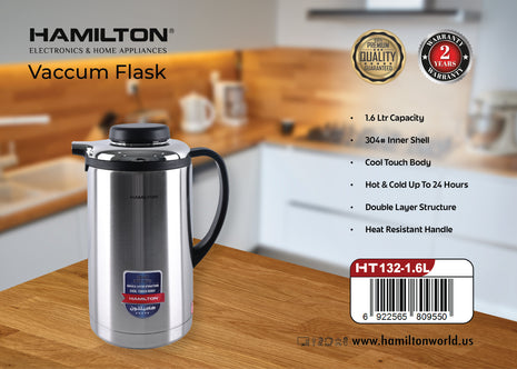 Hamilton 1.6L Stainless Steel Vacuum Flask 24Hr Hot & Cold HT132