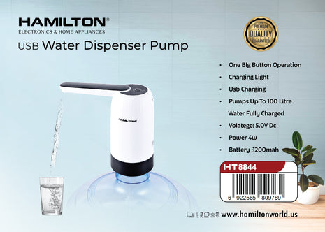 Hamilton USB Water Dispenser Pump with product details on a light blue background