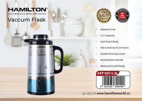 Hamilton 1.3L Vacuum Flask with Double Glass Liner 24Hr Hot & Cold HT107