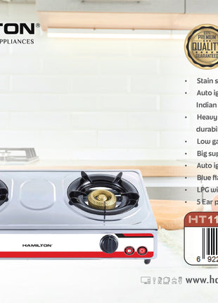 Hamilton Gas Stove 2 Burner SS Cast Iron Japan Piezo Blue Flame HT1102GC | Al Shabib Qatar